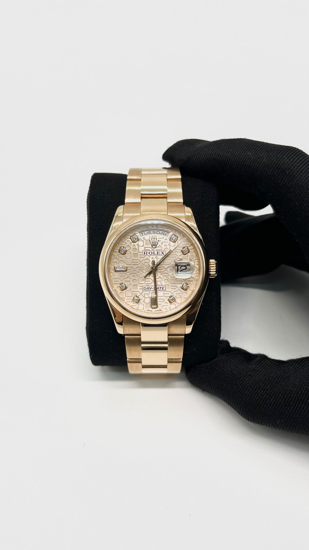 Preowned. Rolex Daydate Pink Computer Dial With Diamonds Full RG Oyster Bracelet 36 MM 14 Links|14360