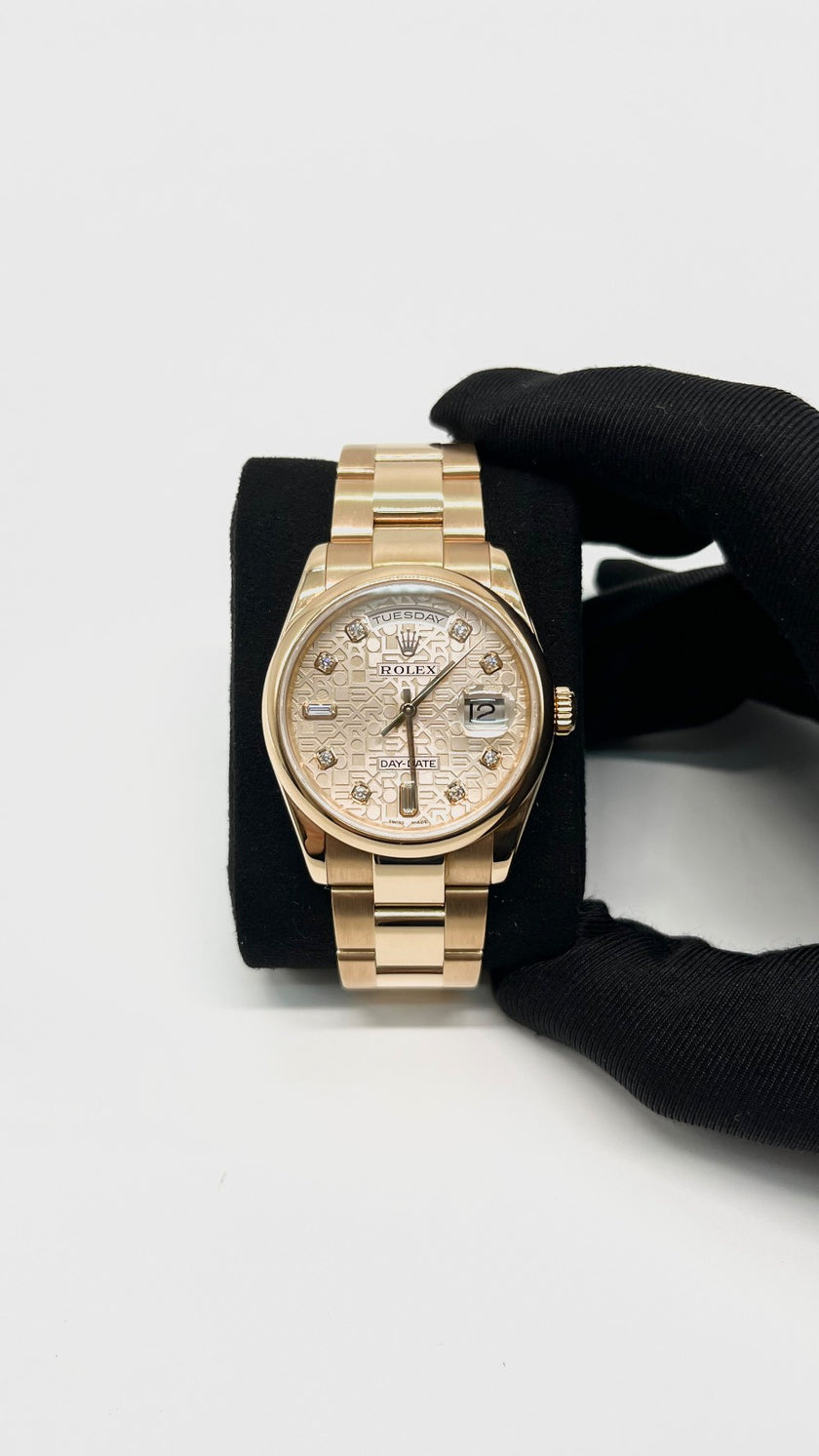 Preowned. Rolex Daydate Pink Computer Dial With Diamonds Full RG Oyster Bracelet 36 MM 14 Links|14360