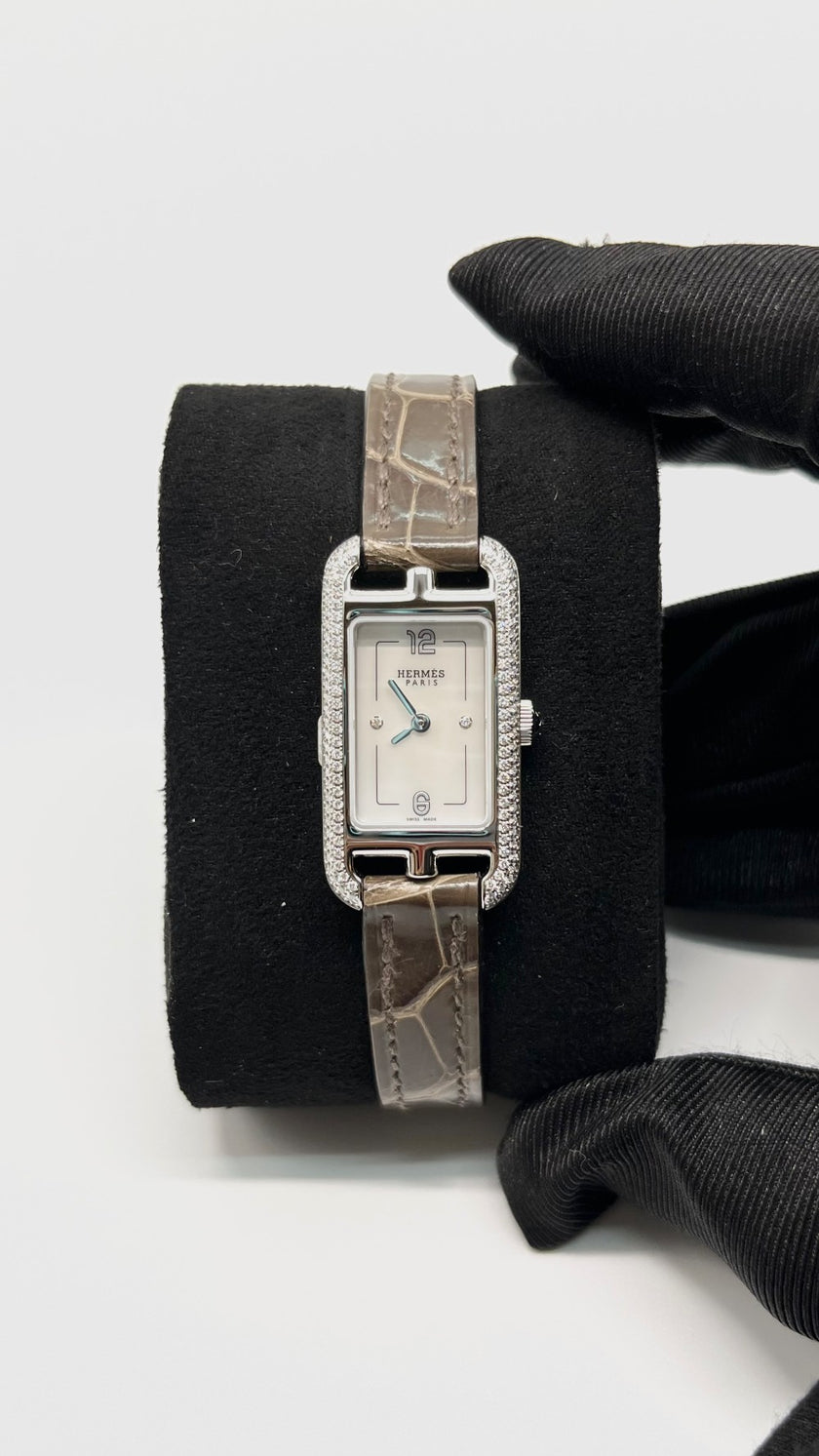 Brand New. Hermes Nantucket Watch Croc MOP Dial With Diamonds|5703
