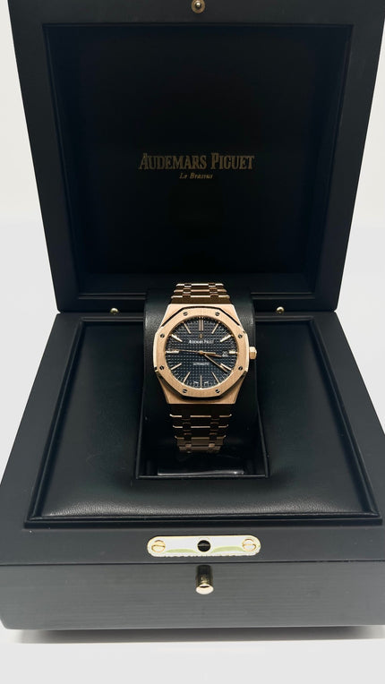 Preowned. AP Royal Oak Full Rosegold Blue Dial 41MM 2016 17+4 Links|11458