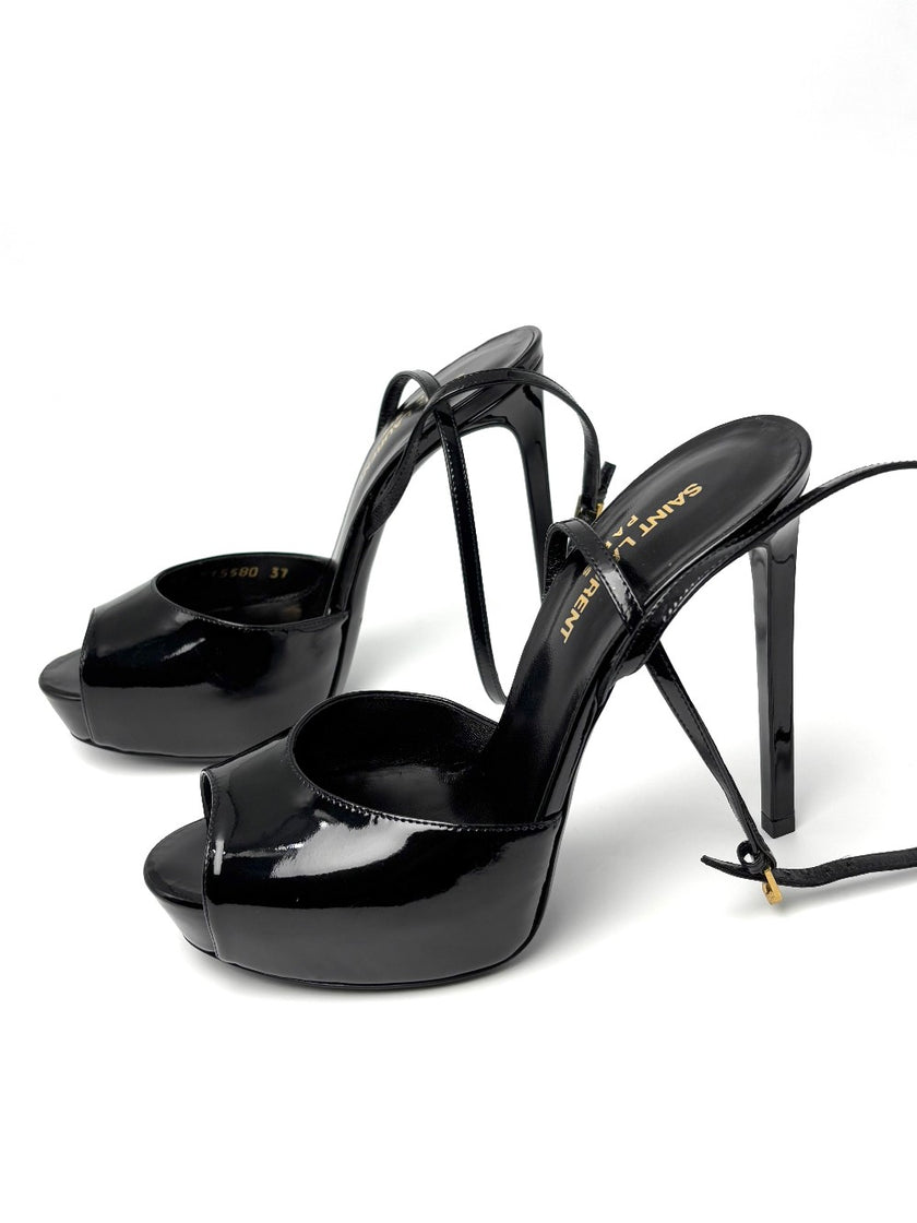 Brand New. YSL Open Toe Patent Black. 37|8079