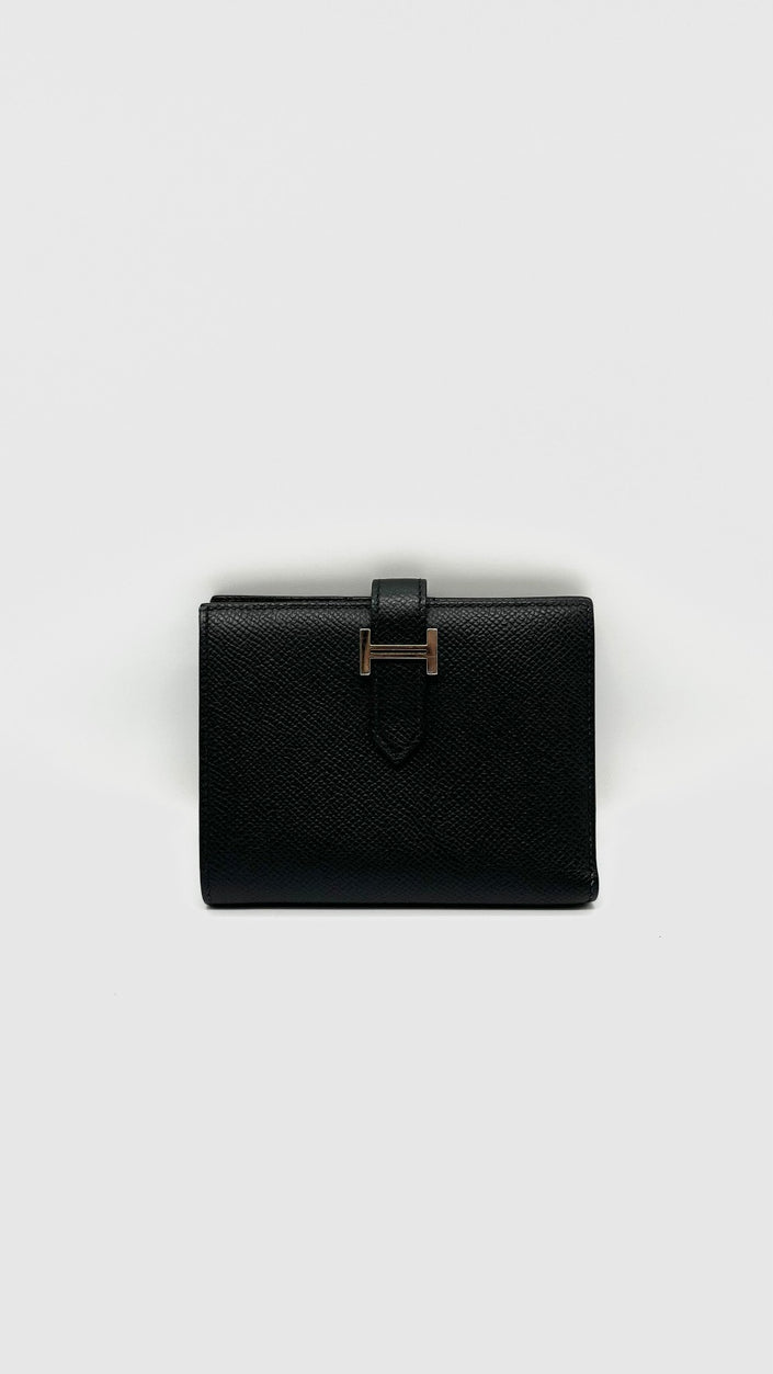 Preowned. Hermes Bearn Compact Wallet Black PHW. DNN002NY|9924