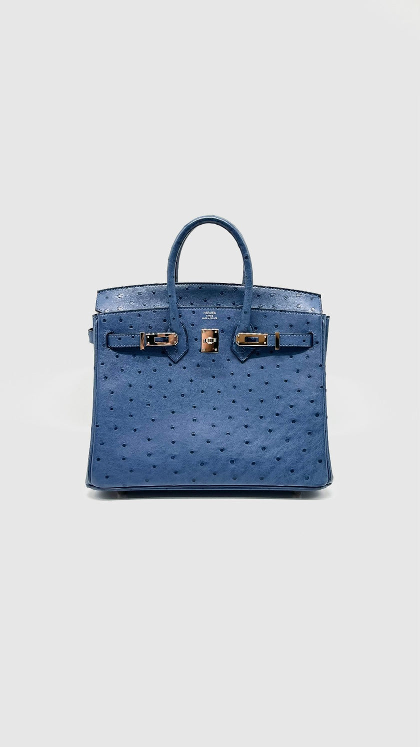 Like New. Hermes Birkin 25 Ostrich Blue Brighton PHW. DSA365XI|12979