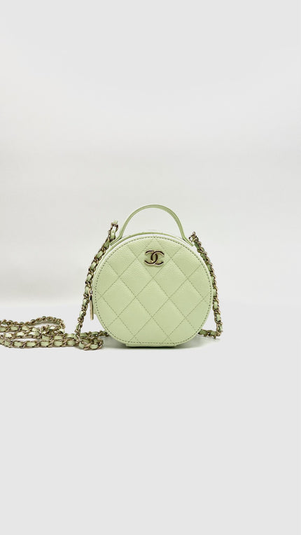 Brand New. Chanel Quilted Round Handle With Care Vanity Chain Light Green Caviar GHW. 31775245|15537