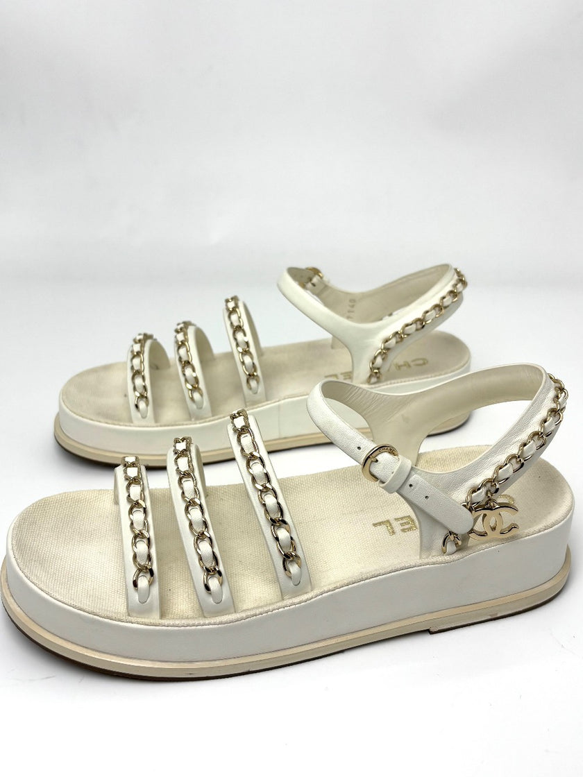 Brand New. Chanel Chain Sandals White. 37|6472