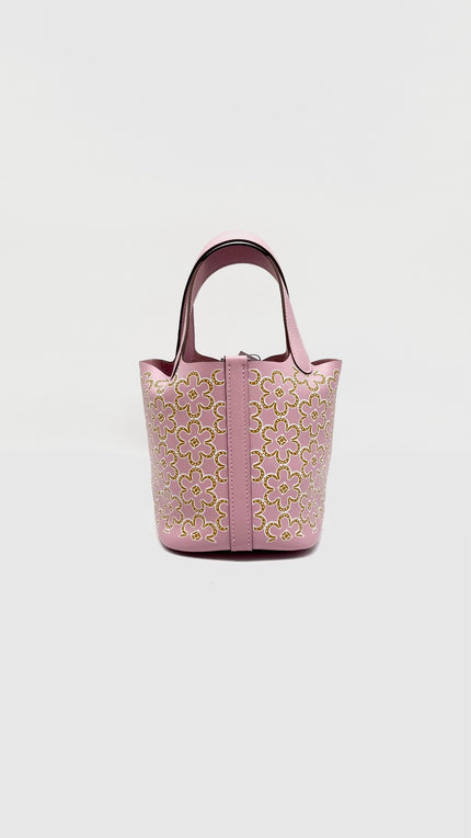 Brand New. Hermes Picotin Micro Lucky Daisy Mauve Swift. UAM005UH|14773