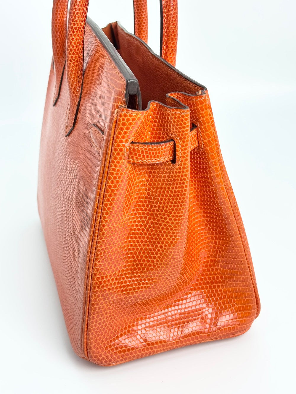 Preowned. Hermes Birkin 25 Lizard Tangerine PHW. J Square 30|3422