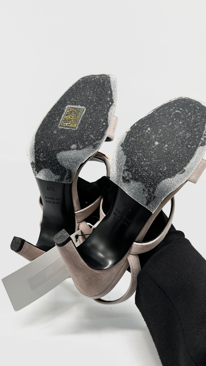 Brand New. Hermes Glamour Heels Suede Rose Porcelaine. 37.5|11342