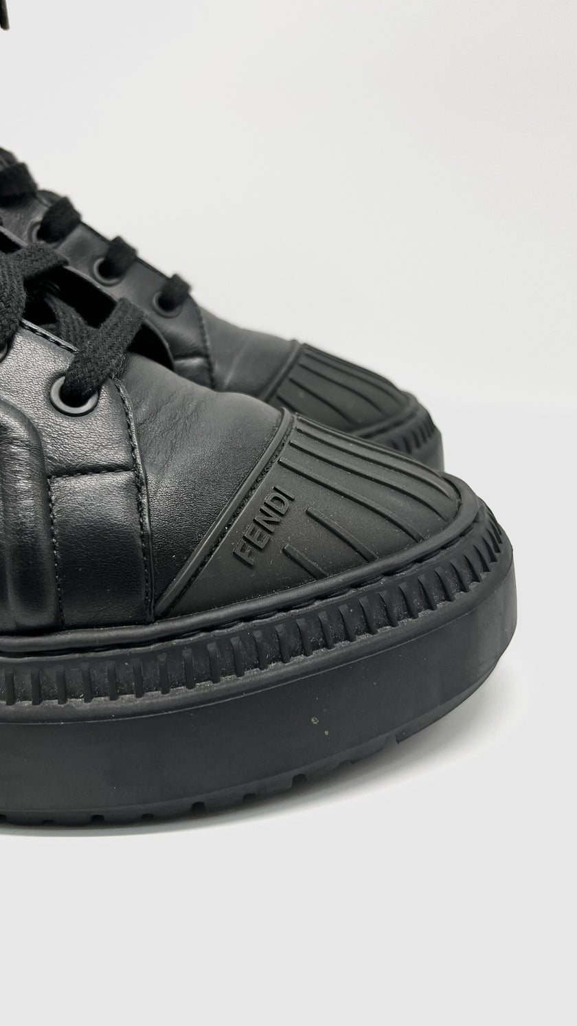 Preowned. Fendi Fabric Jacquard Vitello Domino Biker Boots Black Asfalto Size 39|11293