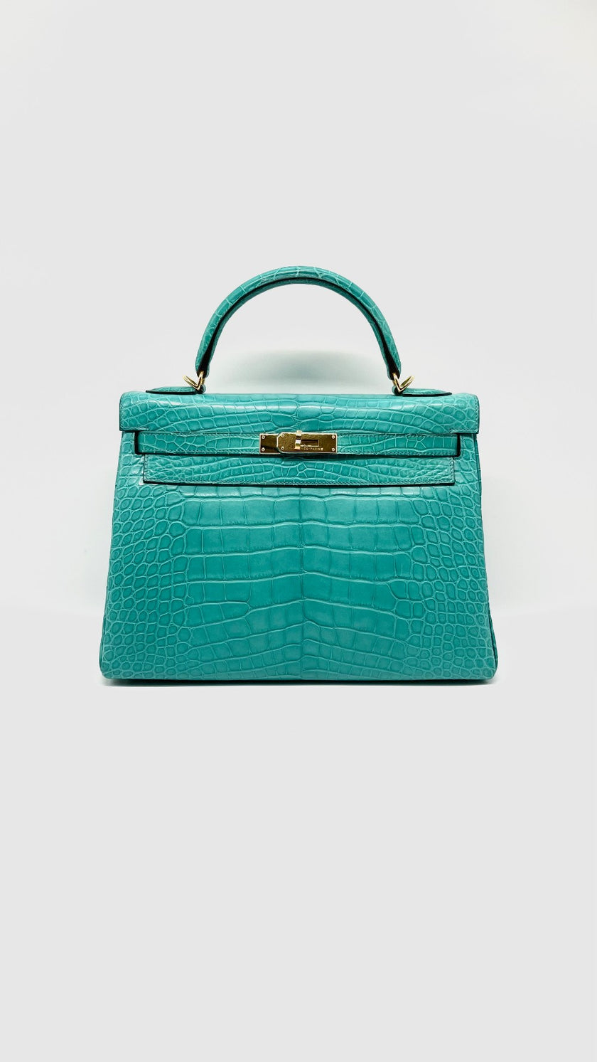Like New. Hermes Kelly 32 Blue Lagoon Missippiensis Alligator GHW. API125MZ|15258