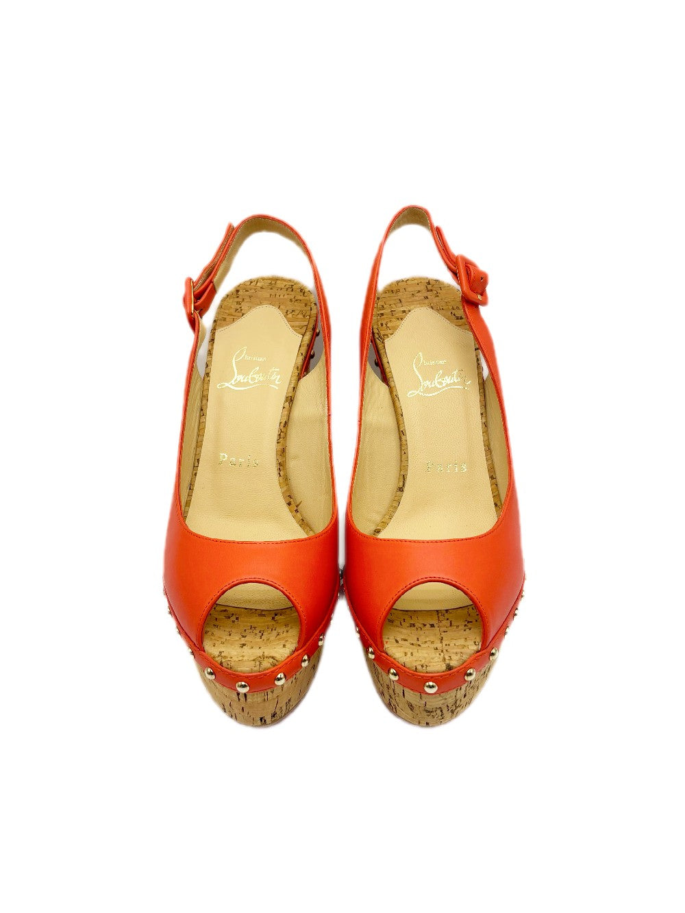 Unused. Christian Louboutin Monico Slingback Cork Platform Wedge Flame/Gold. 39|17844