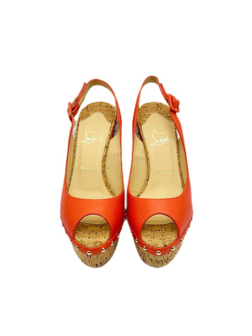 Unused. Christian Louboutin Monico Slingback Cork Platform Wedge Flame/Gold. 39|17844