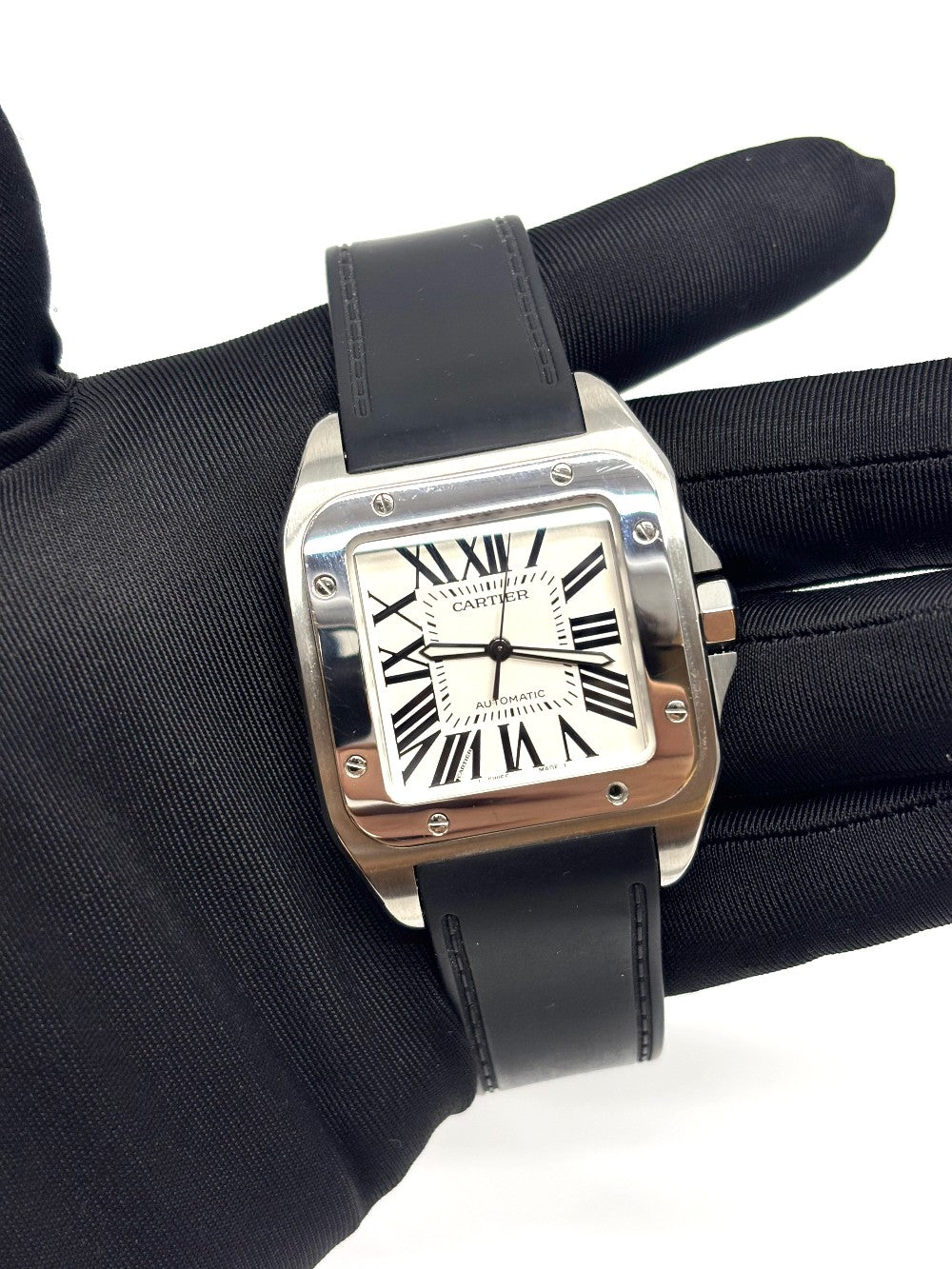 Preowned. Cartier Santos XL 100 White Roman Black Strap|16853