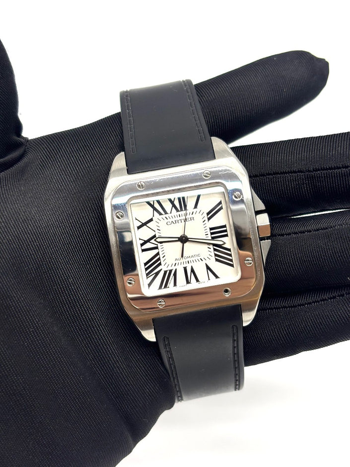 Preowned. Cartier Santos XL 100 White Roman Black Strap|16853