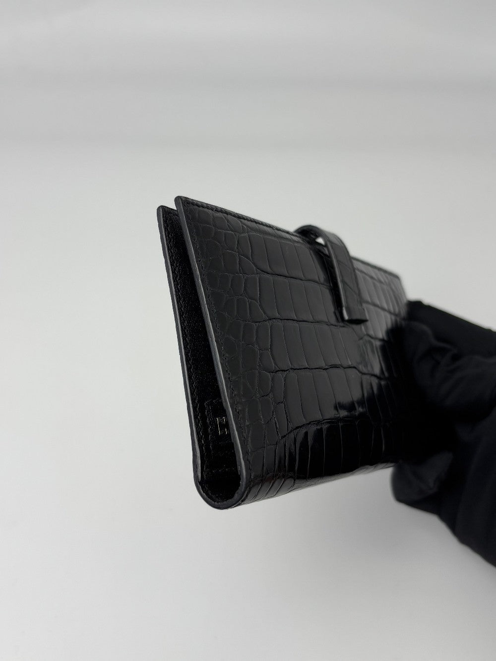 Preowned. Hermes Bearn Wallet Croc Black. Q|6968