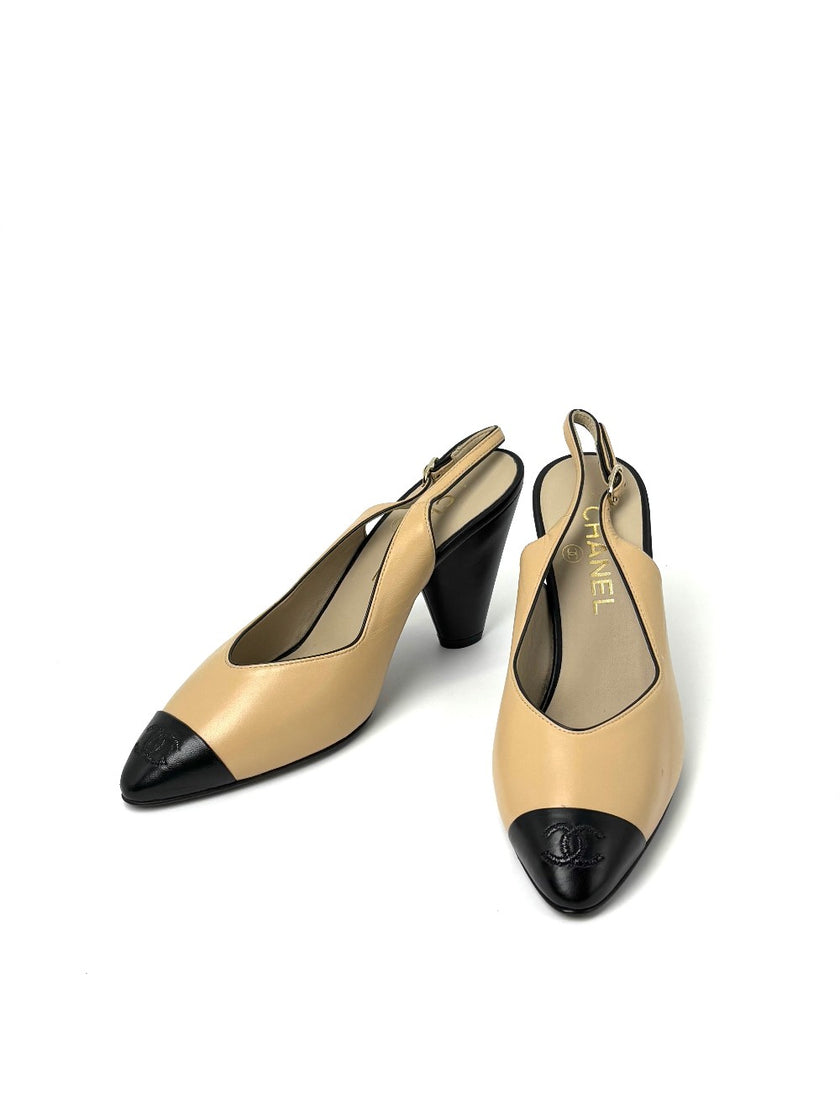 Brand New. Chanel Slingback Low Heel Beige Gold. 37.5|7667