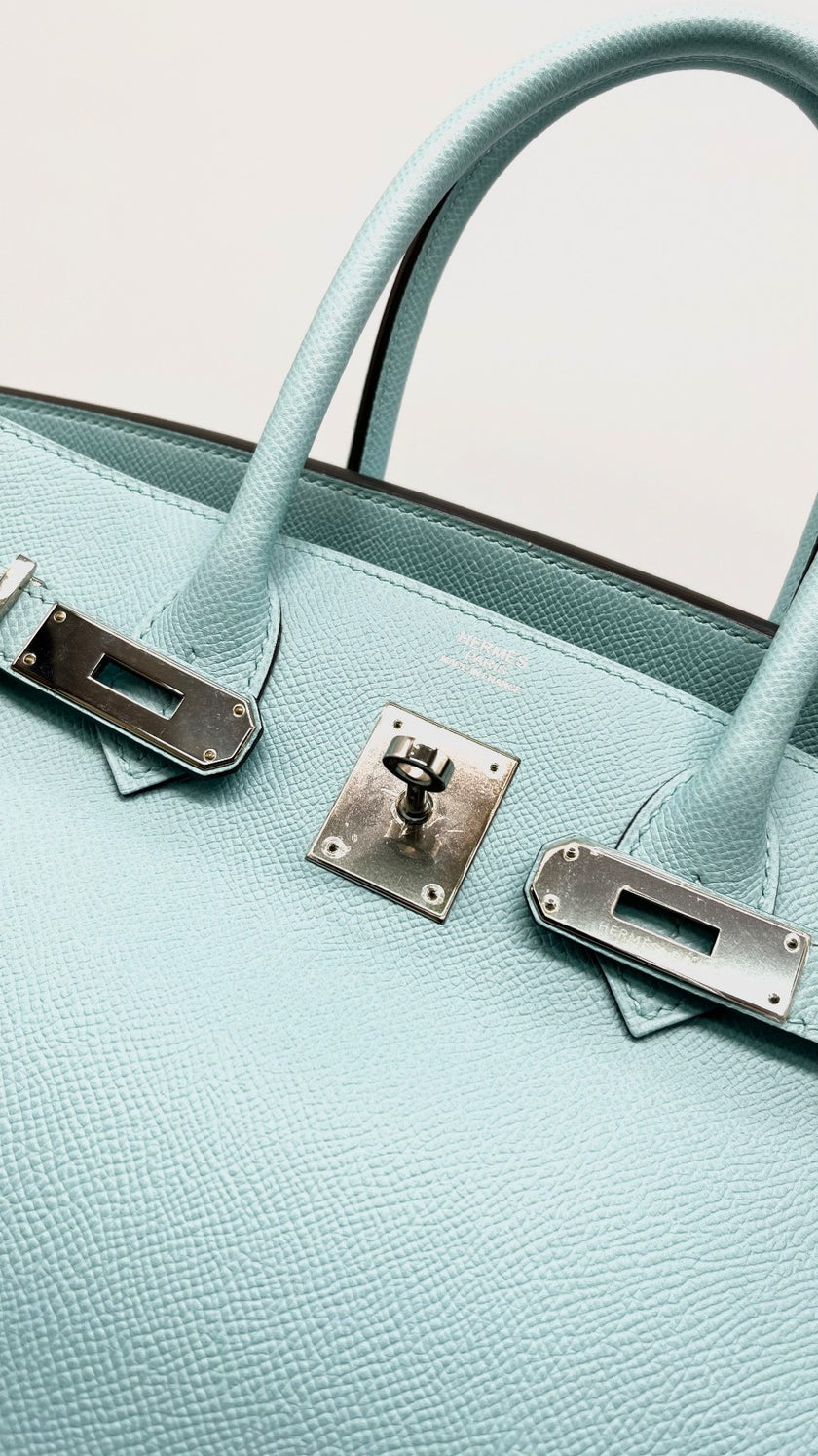 Preowned. Hermes Birkin 30 Blue Atoll Epsom PHW. TBY011KX|15226