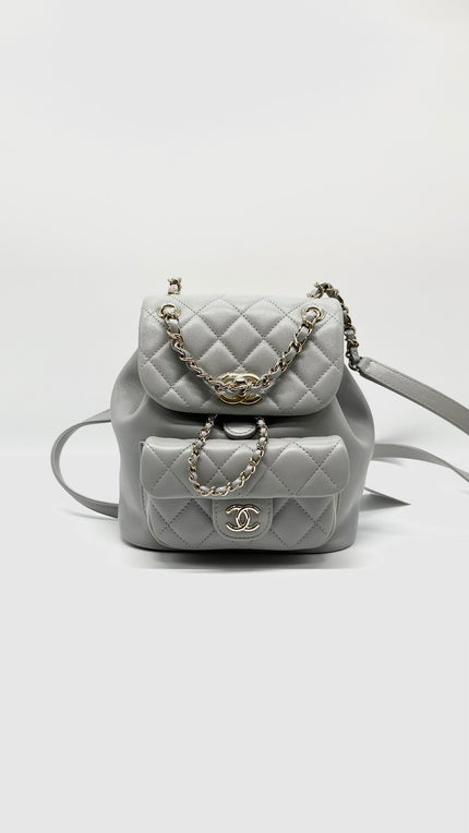 Brand New. Chanel Duma Backpack Gray Lambskin GHW. XX14TUKS|7861