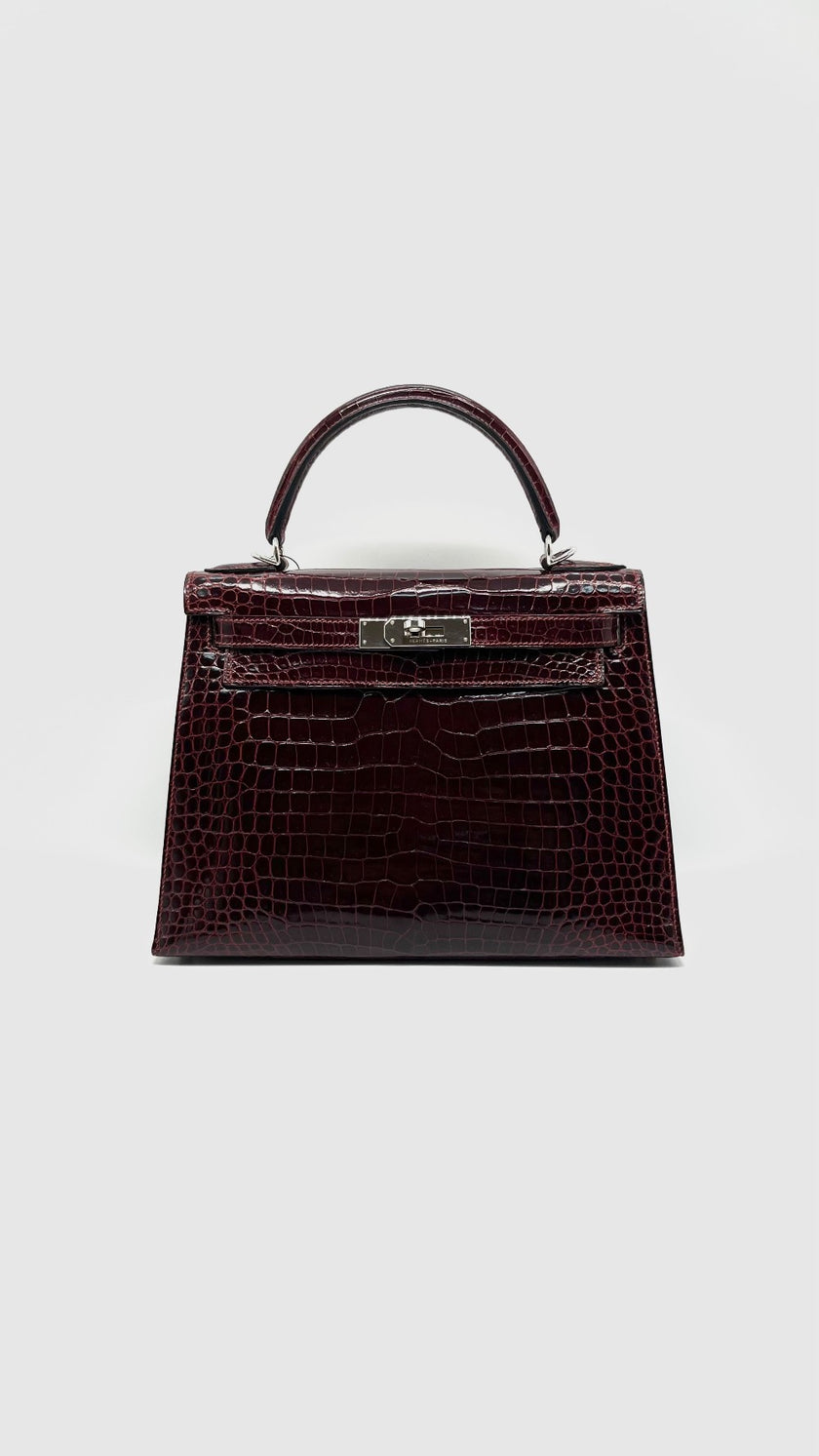 Like New. Hermes Kelly 28 Bordeaux Porosus Croc PHW. H Square 020013|15243