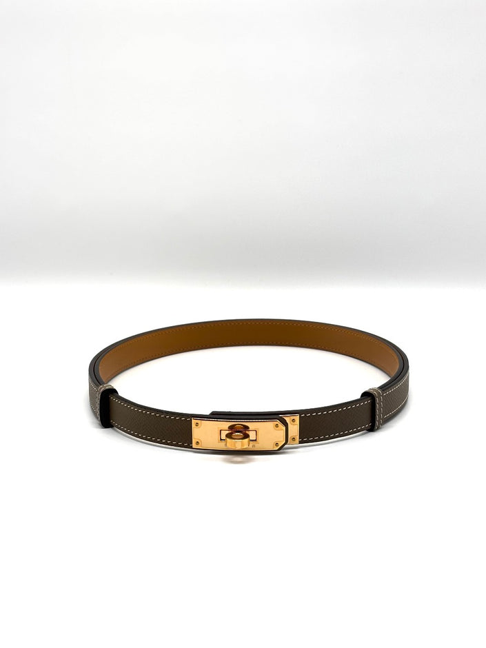 Brand New. Hermes Kelly Belt Etoupe RGHW. BID001CF|8860