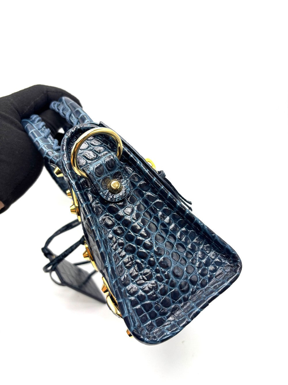 Unused. Balenciaga Metallic City Edge Mini Croc Blue GHW|17460