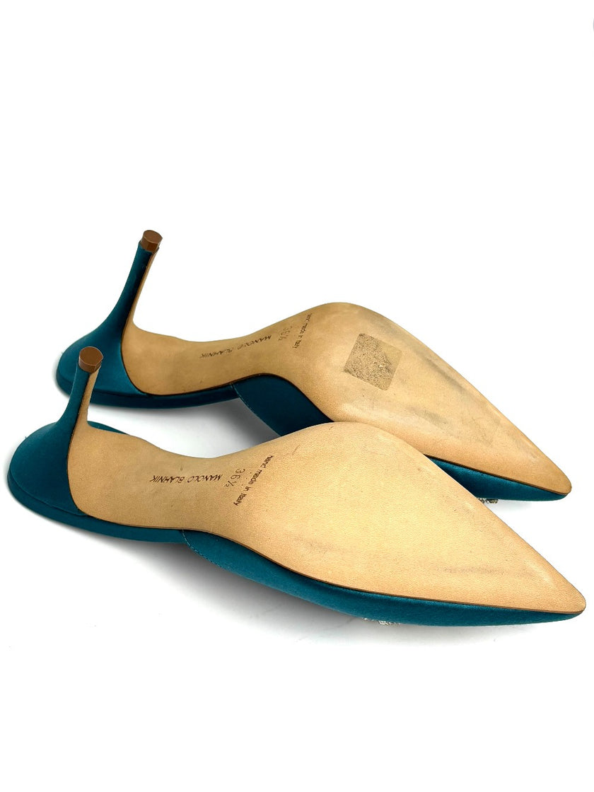 Brand New. Manolo Low Heel Pointed Heel Bluegreen. 36.5|8342