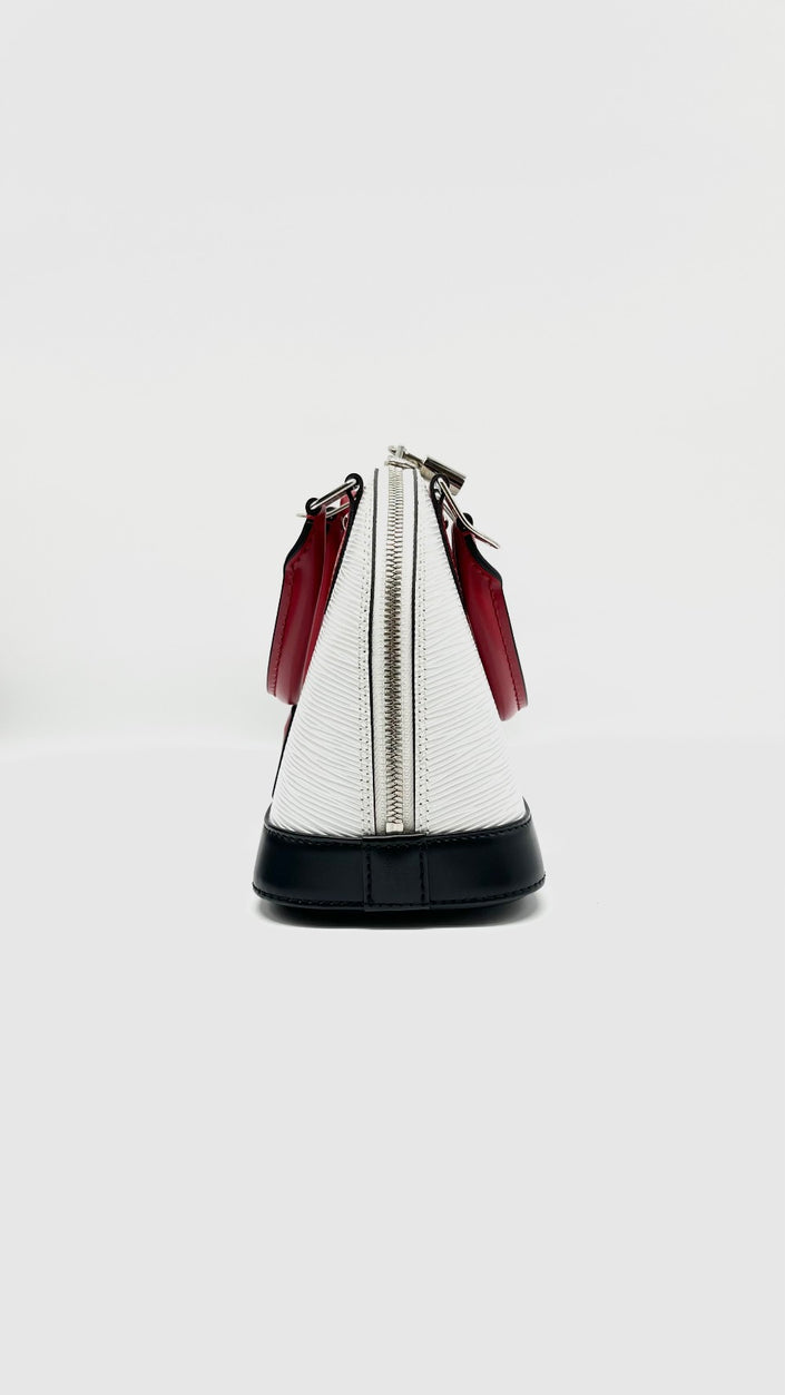 Preowned. LV Alma BB Epi White/Black Red Handle SHW. AA0240|10823