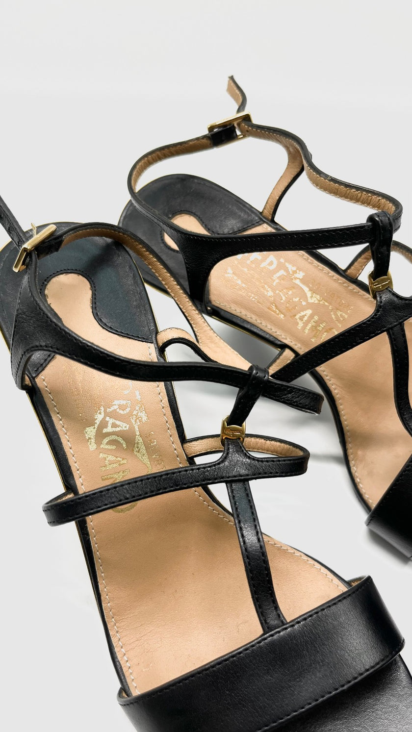 Brand New. Ferragamo Wedge Black/Gold. 36|10805