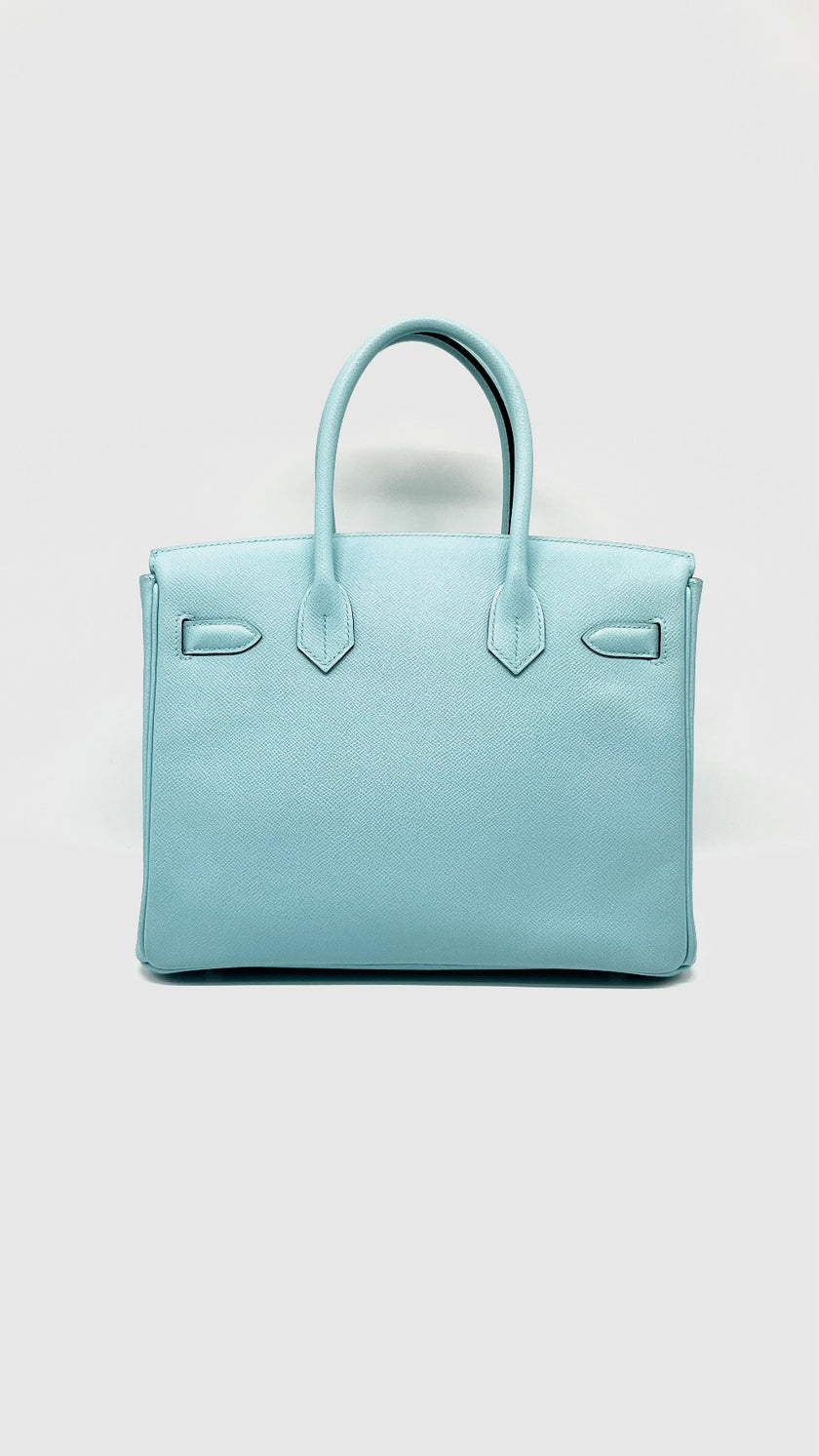 Preowned. Hermes Birkin 30 Blue Atoll Epsom PHW. TBY011KX|15223