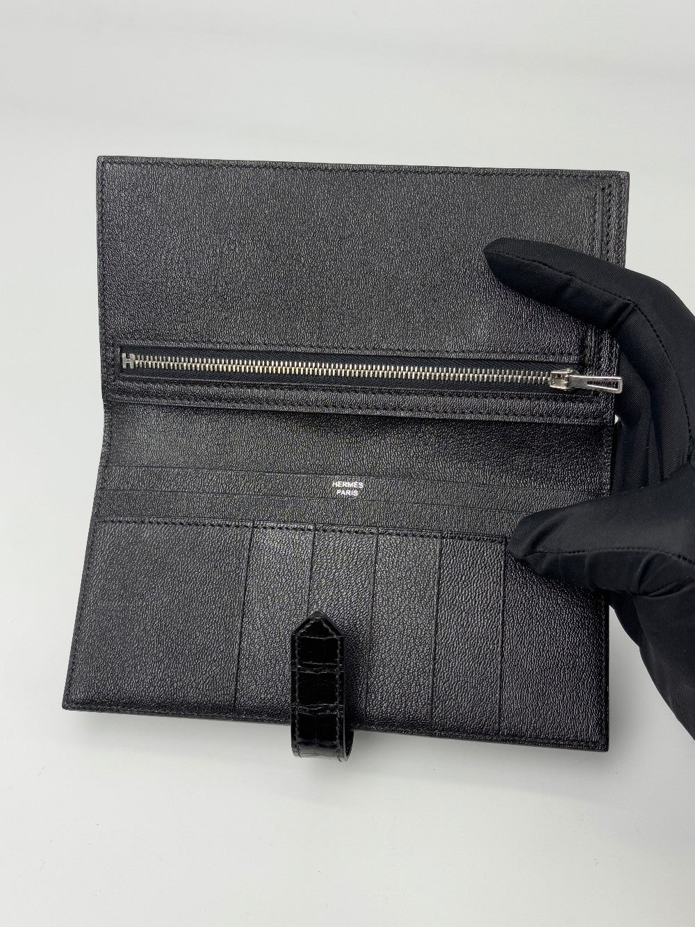 Preowned. Hermes Bearn Wallet Croc Black. Q|6971