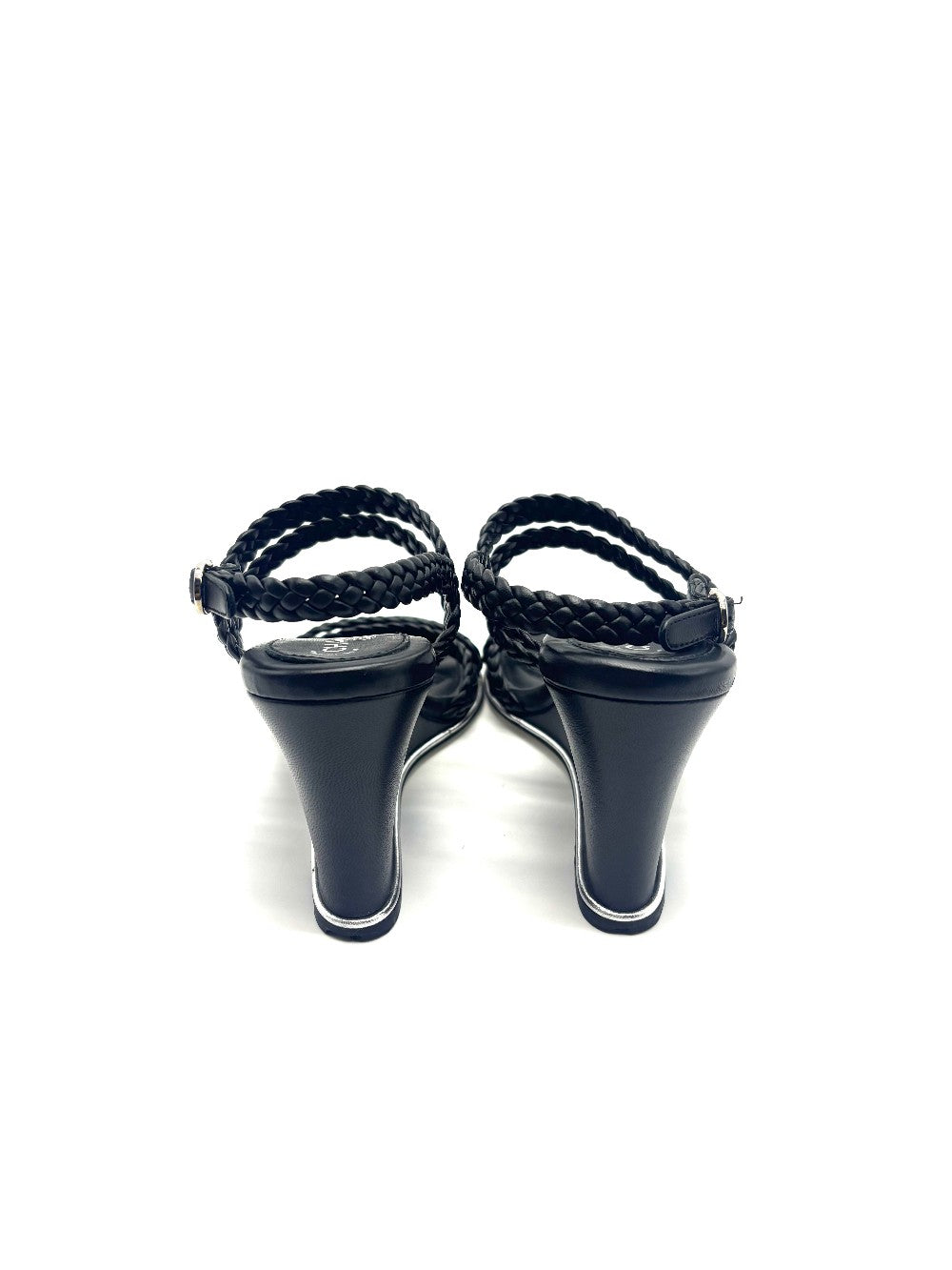 Preowned. Chanel Braided Wedge Black. 37.5|17047