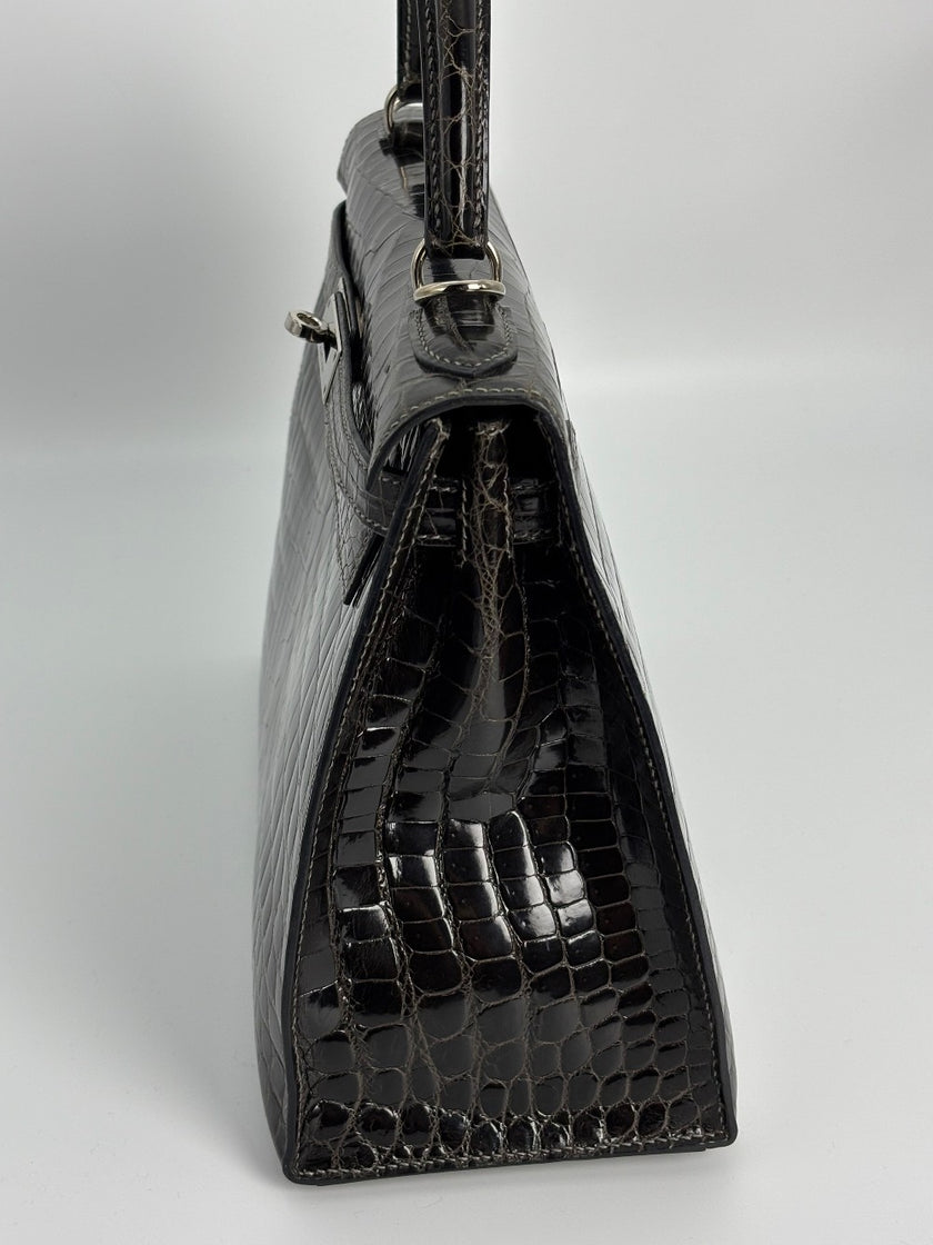 [SALE] Preowned. Hermes Kelly 28 Croc Gris Fonce. J45S|3367