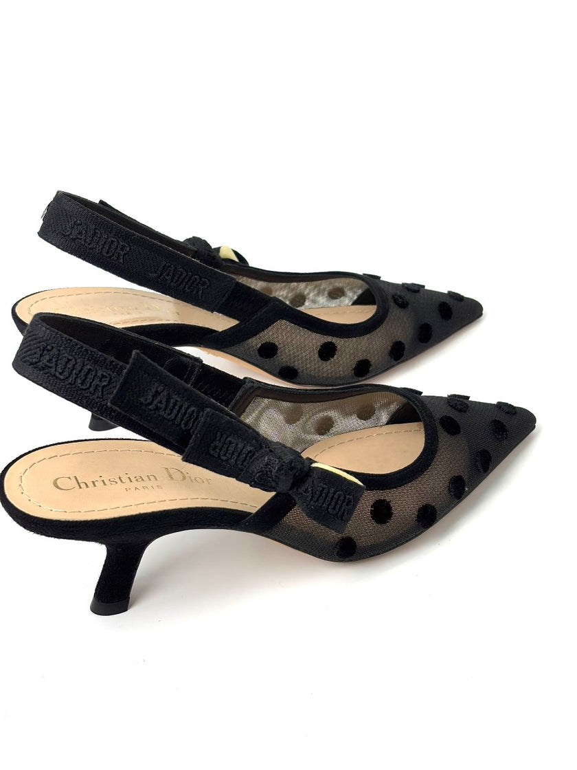 Like New. Dior Slingback Low Heel Polka Black. 35.5|7448