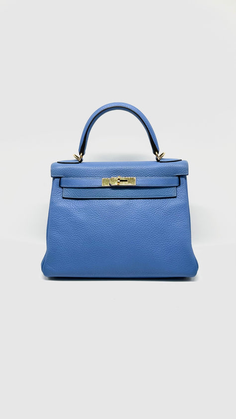 Preowned. Hermes Kelly 28 Blue Paradis Clemence GHW. RMI30|13569