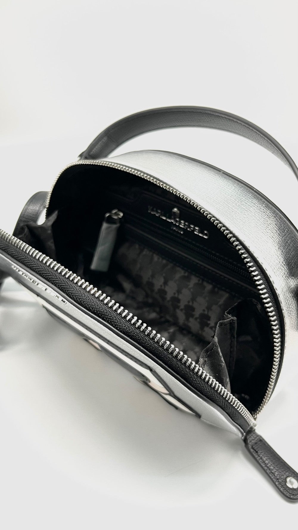 Unused. Karl Lagerfeld Paris Maybelle Dome Silver/Black Crossbody Bag|12101