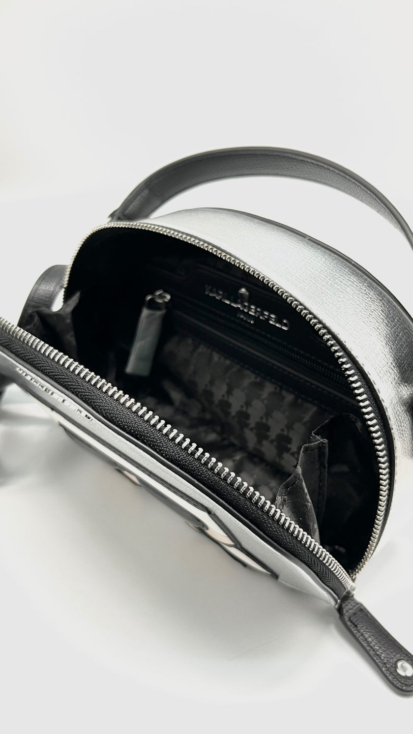 Unused. Karl Lagerfeld Paris Maybelle Dome Silver/Black Crossbody Bag|12101