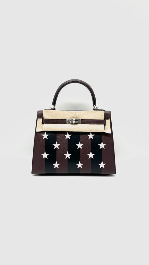 Brand New. Hermes Kelly 25 Casaque Etoilee Rouge Sellier/Noir/Rose Darling PHW. WHT319BI|10211