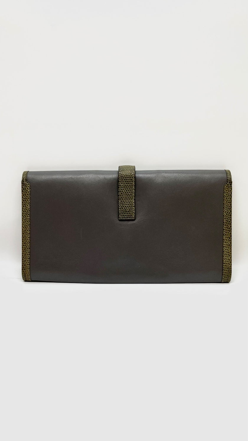 Preowned. Hermes Jige Clutch Etain/Green. FPK18|9721