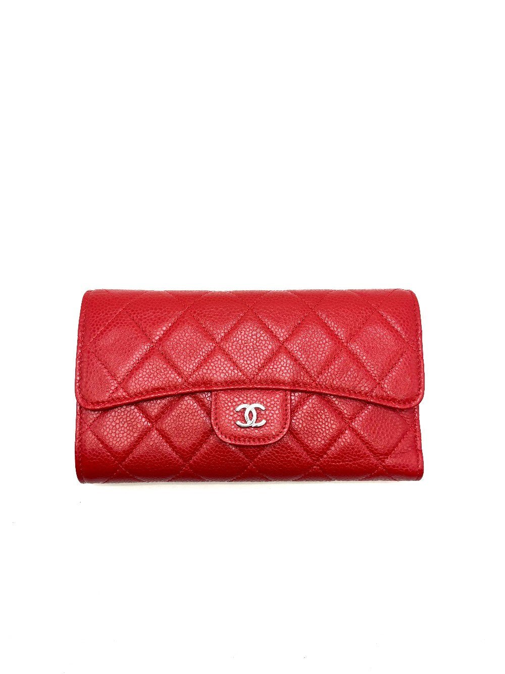 Preowned. Chanel Trifold Red Long Wallet Caviar SHW. 18732120|17967