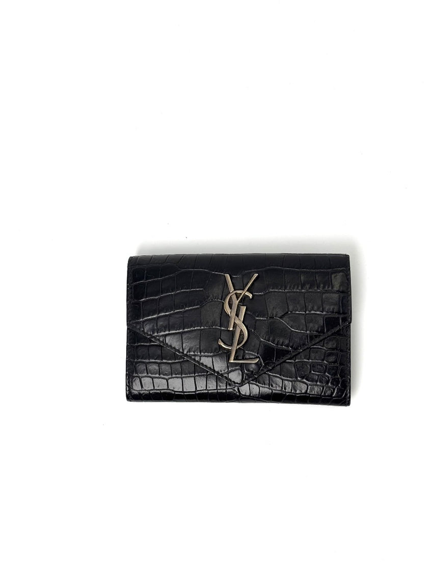 Preowned. YSL Coin/Card Holder Flap Black Croc|7135
