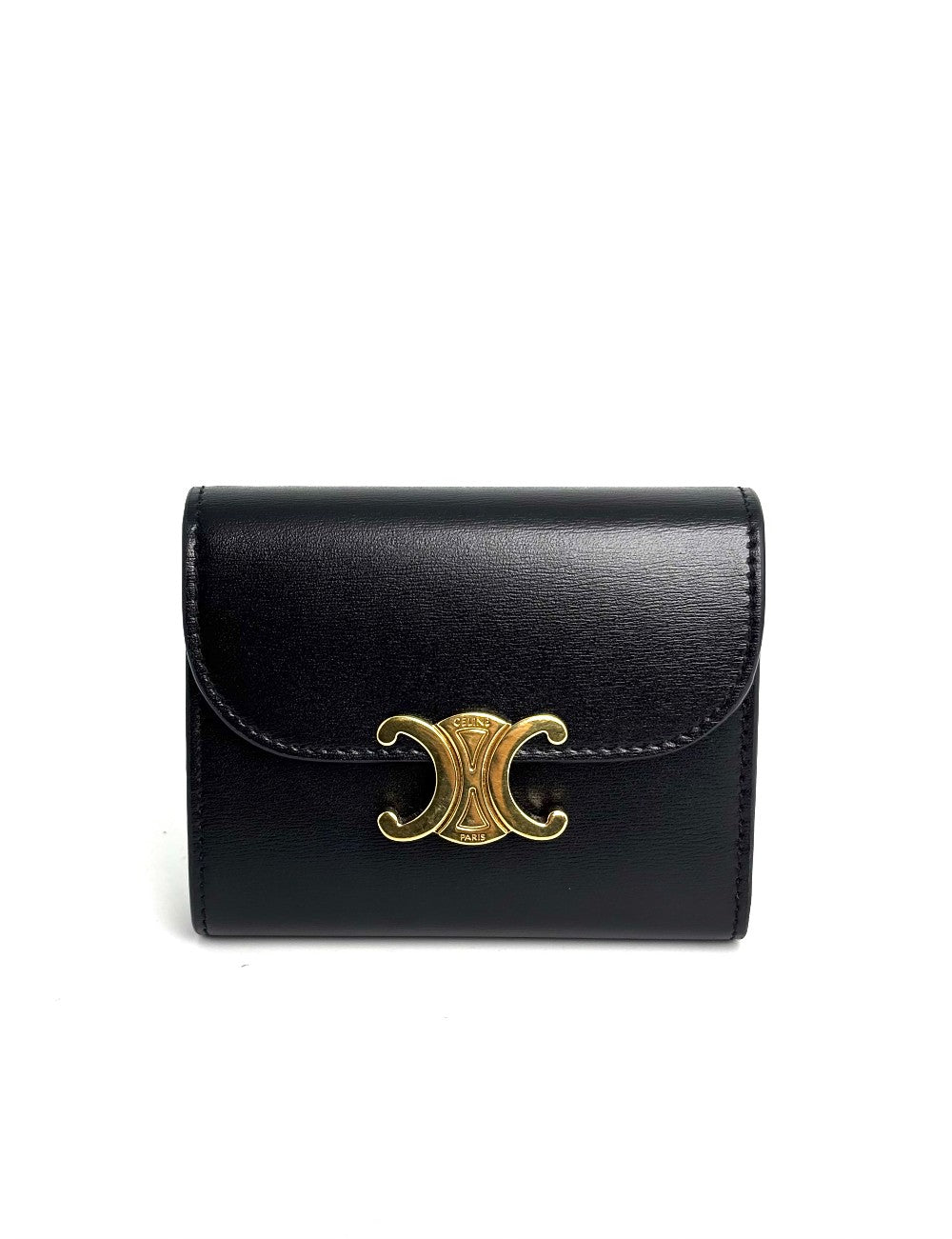 Preowned. Celine Triomphe Flap Black Wallet|12551