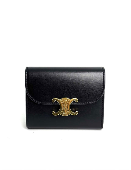 Preowned. Celine Triomphe Flap Black Wallet|12551