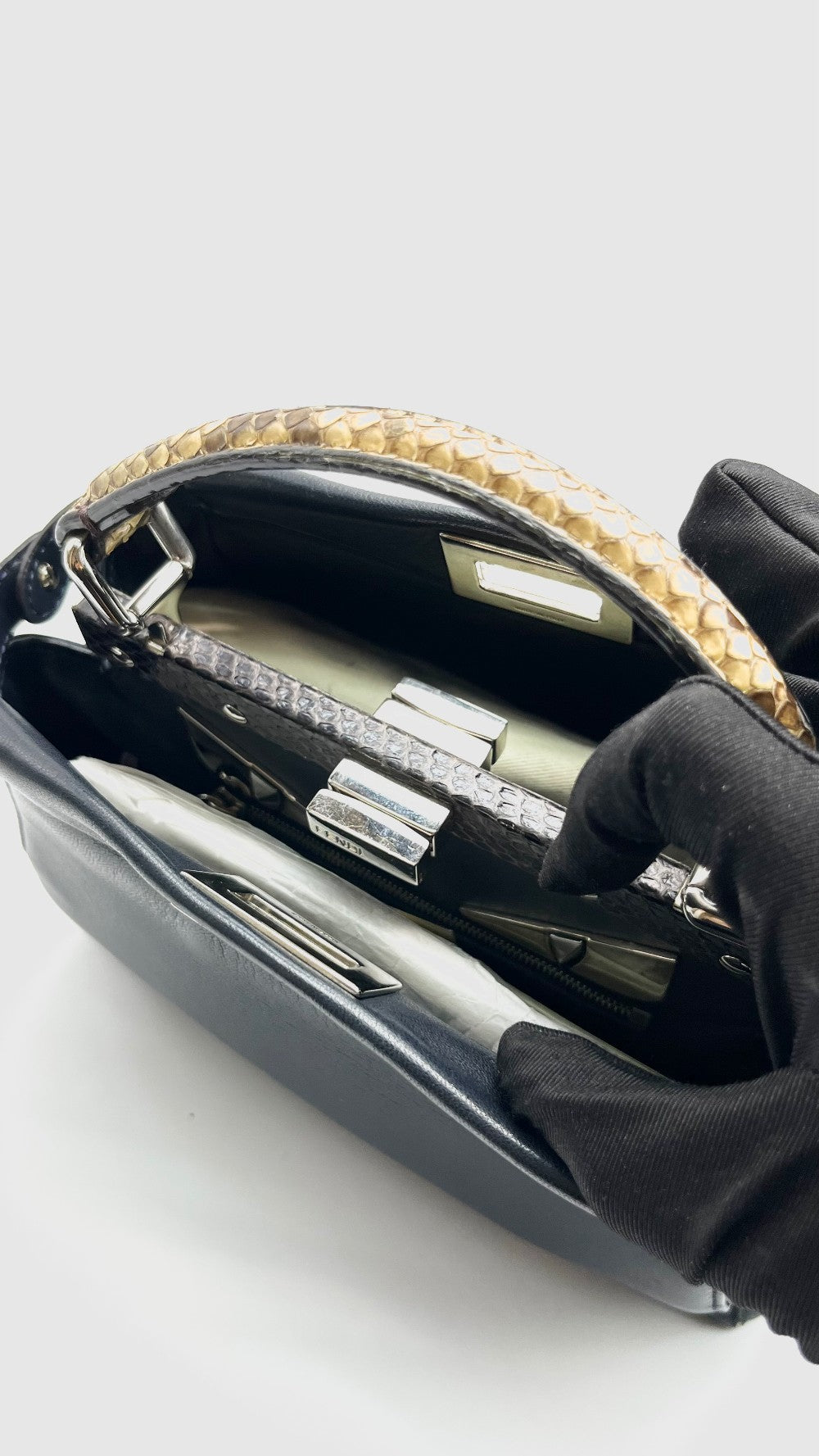 Preowned. Fendi Peekaboo Mini Black Phyton Handle SHW|15667
