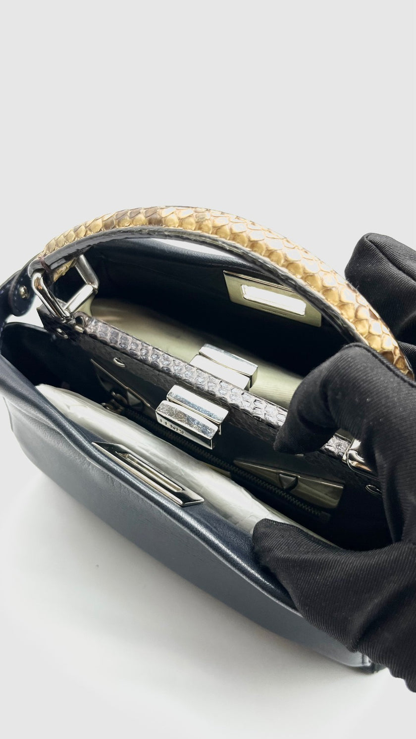 Preowned. Fendi Peekaboo Mini Black Phyton Handle SHW|15667