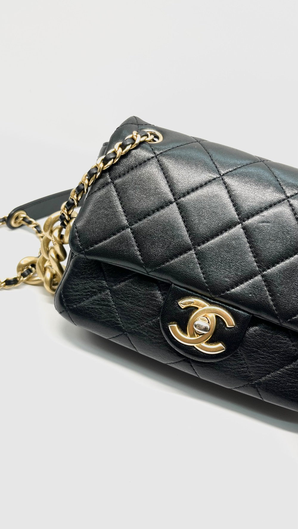 Preowned. Chanel Mini Square Flap Black Calfskin GHW. XJ2X9N68|14170