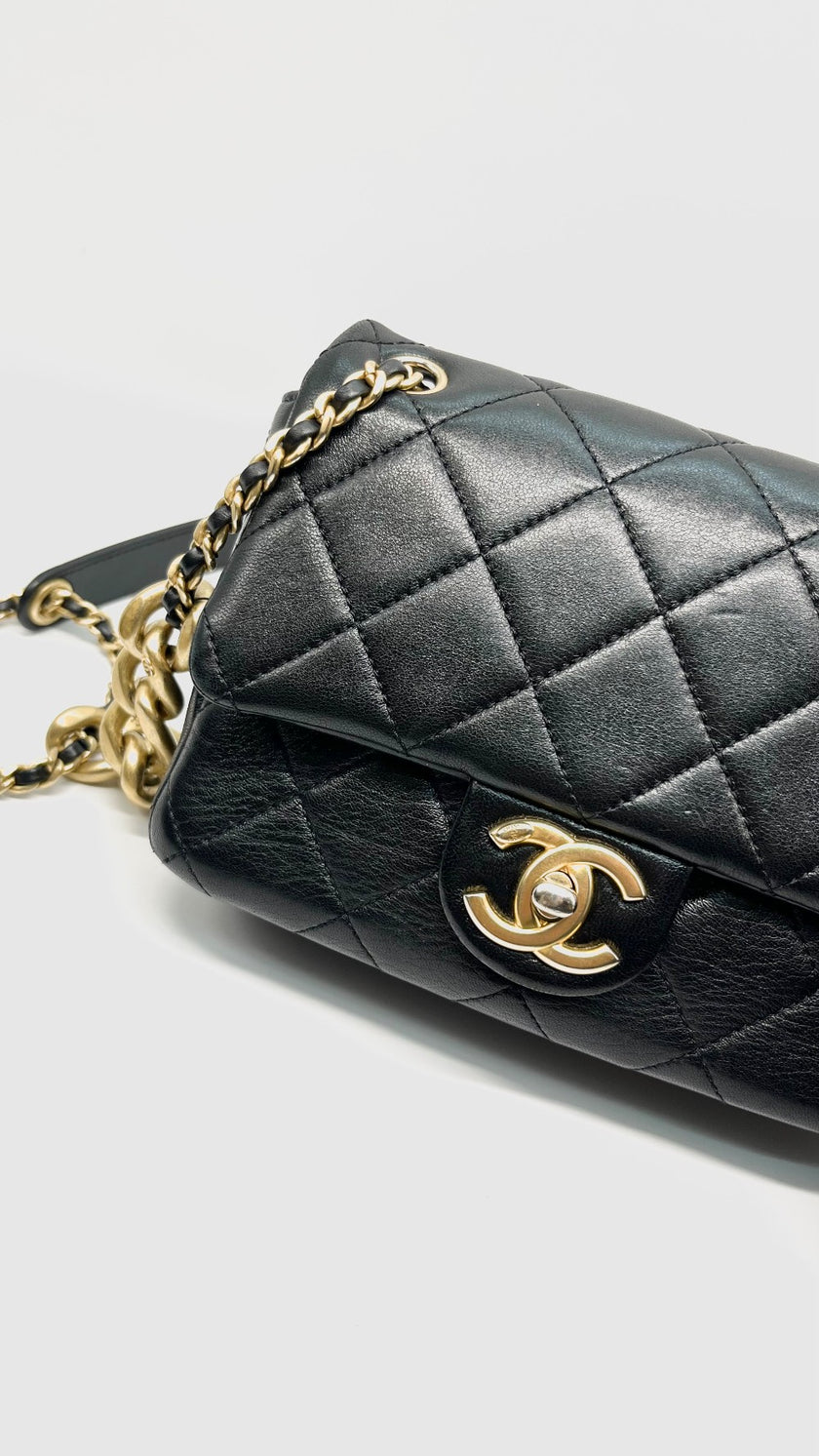 Preowned. Chanel Mini Square Flap Black Calfskin GHW. XJ2X9N68|14170