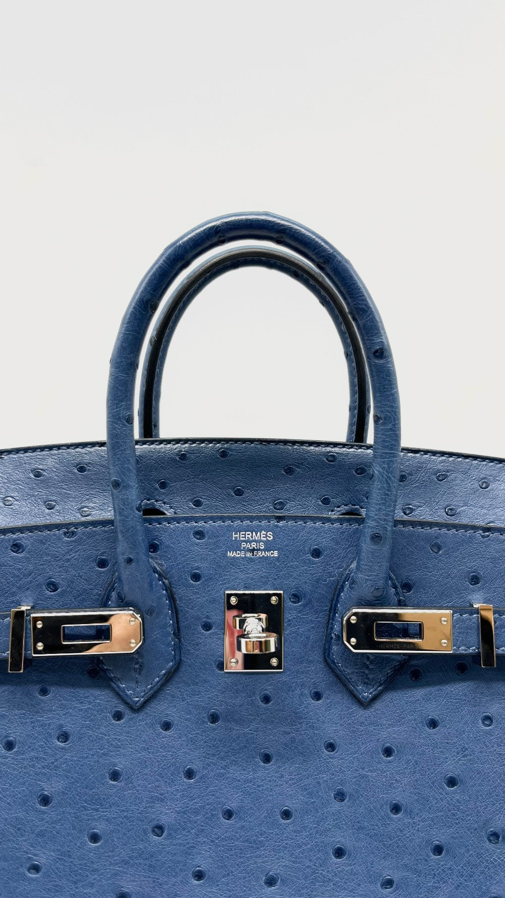 Like New. Hermes Birkin 25 Ostrich Blue Brighton PHW. DSA365XI|12981