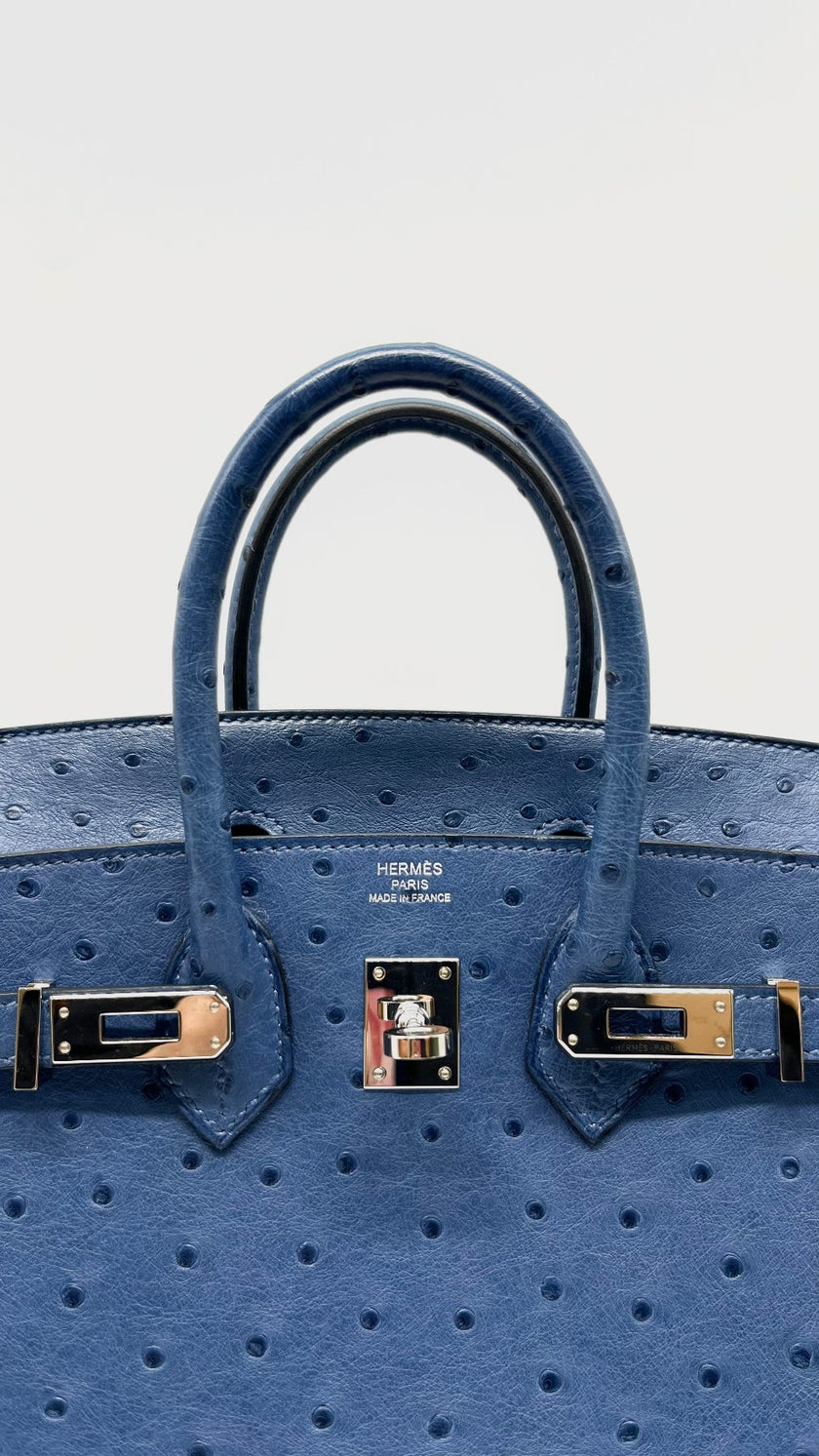 Like New. Hermes Birkin 25 Ostrich Blue Brighton PHW. DSA365XI|12981