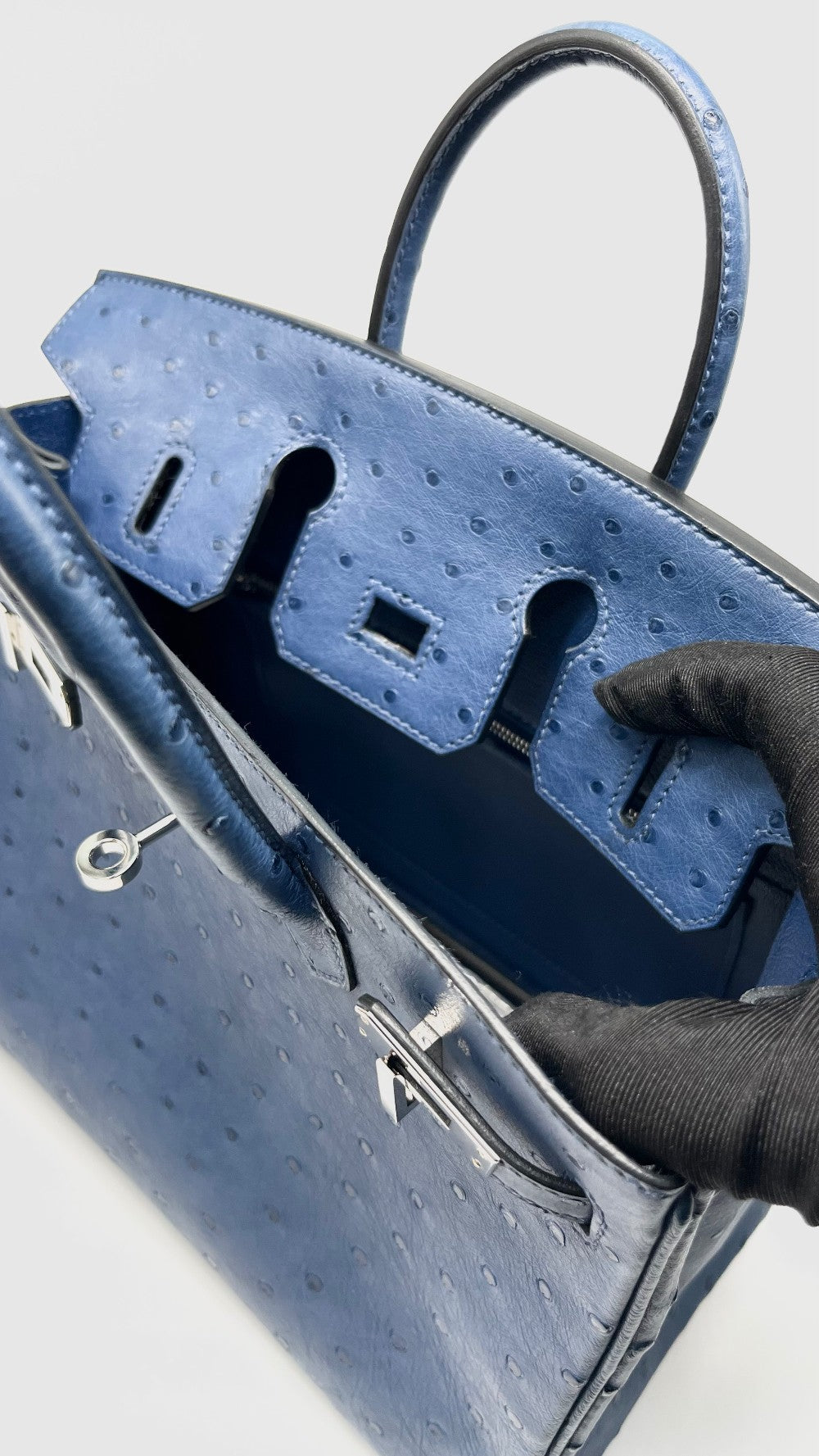 Like New. Hermes Birkin 25 Ostrich Blue Brighton PHW. DSA365XI|12985