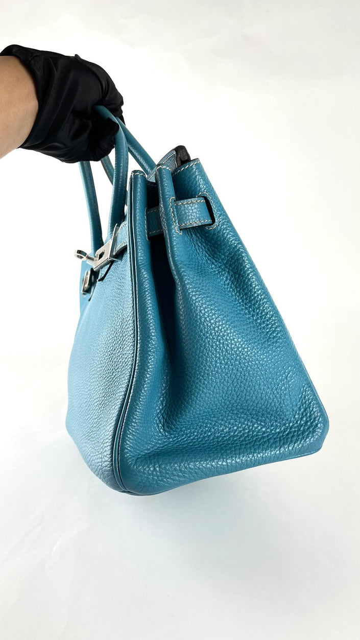 Preowned. Hermes Birkin 30 Blue Jean Togo PHW. Square K39C|4764